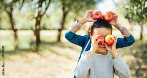 Children with Apple in Apple Orchard. Harvest Concept. Garden, Boy and girl eating fruits at fall. Child picking apples on farm in autumn. Children and Ecology. Healthy nutrition Garden Food.