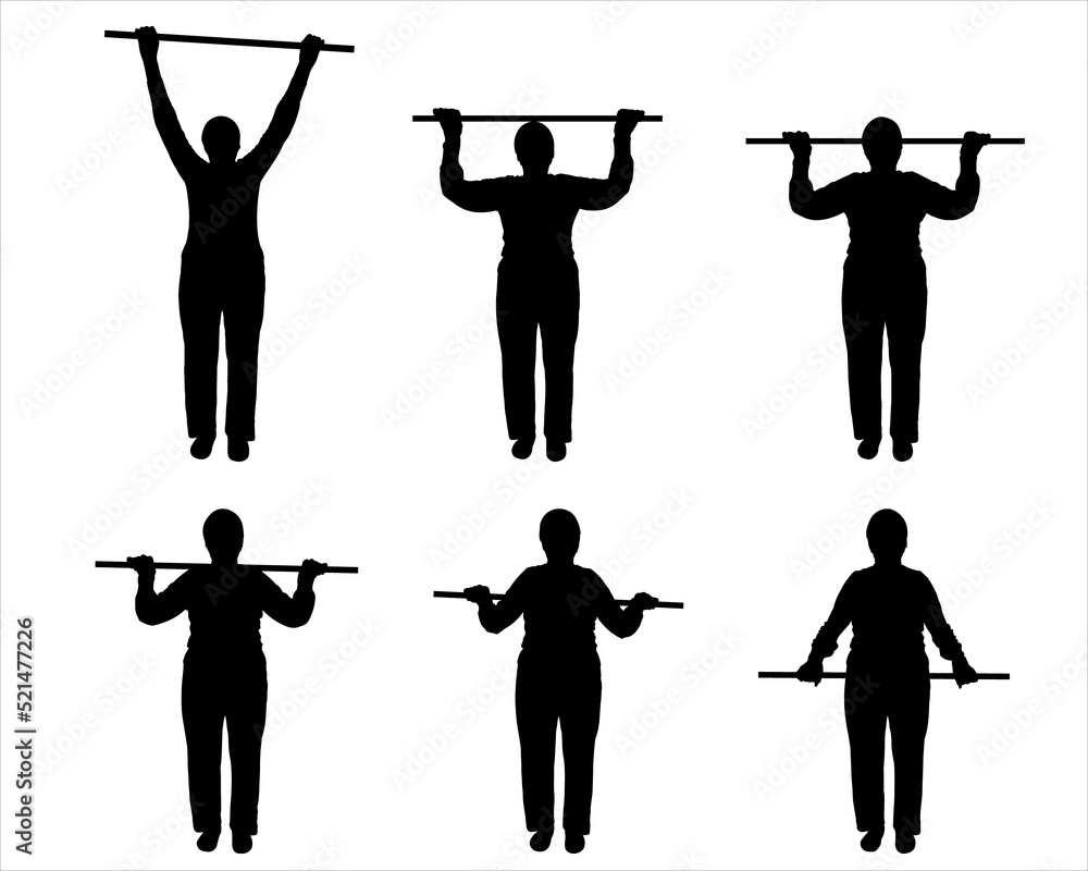 A woman performs physical exercises with a stick in her hands. An older woman raises/lowers her hands up. Sports and the elderly. Front view, full face. Six black female silhouettes isolated on white