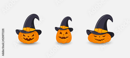 Set of cartoon pumpkins in hats with scared faces. Halloween vector illustration.