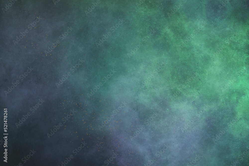 Obraz premium 暗い星空のイラスト背景）黄緑の星雲 ダークテンプレート 雲 スペース 夜 金粉 宇宙