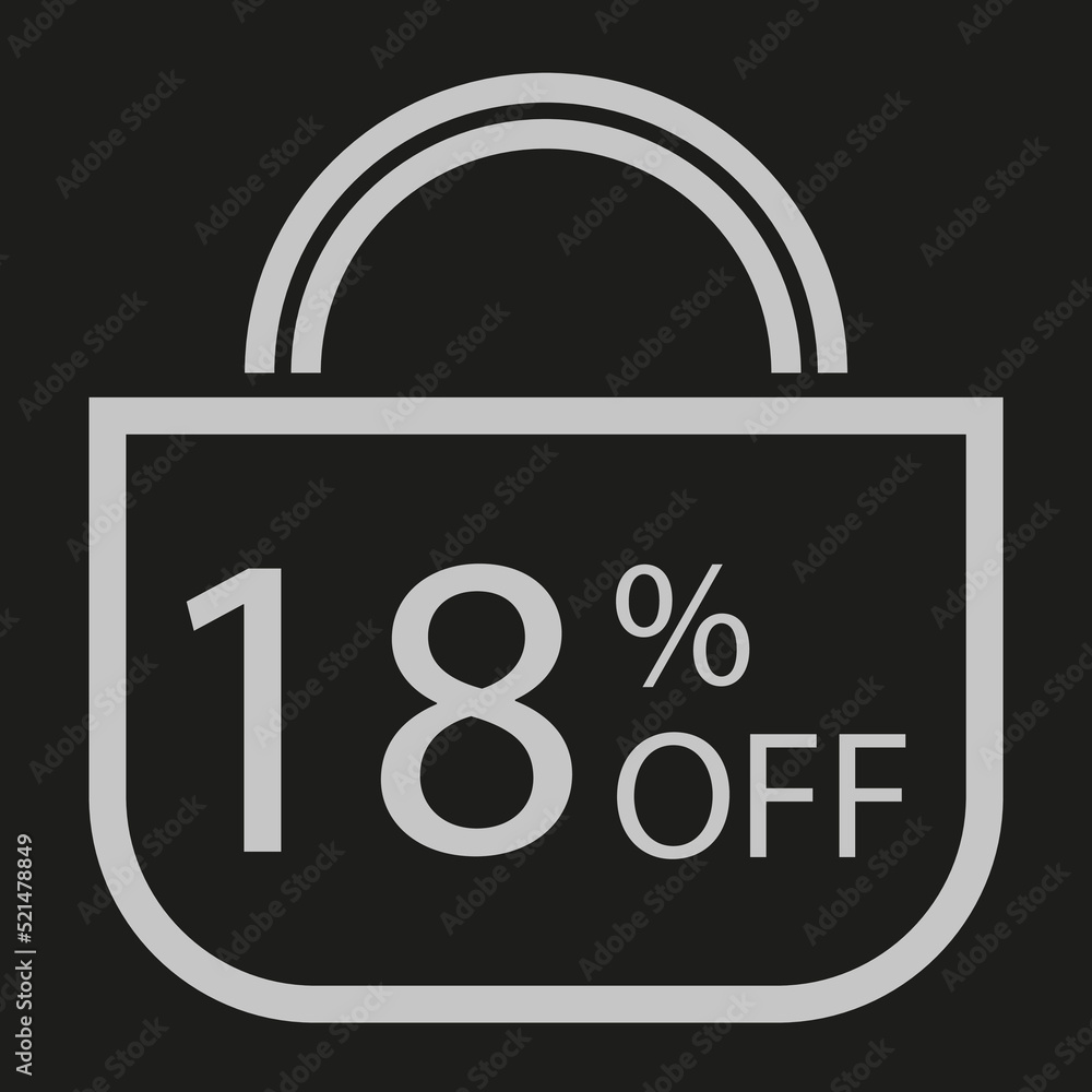 18 percent off. Black banner with shopping bag illustration 18 percent off. Black banner with shopping bag illustration