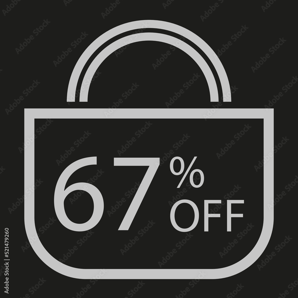 67 percent off. Black banner with shopping bag illustration 67 percent off. Black banner with shopping bag illustration