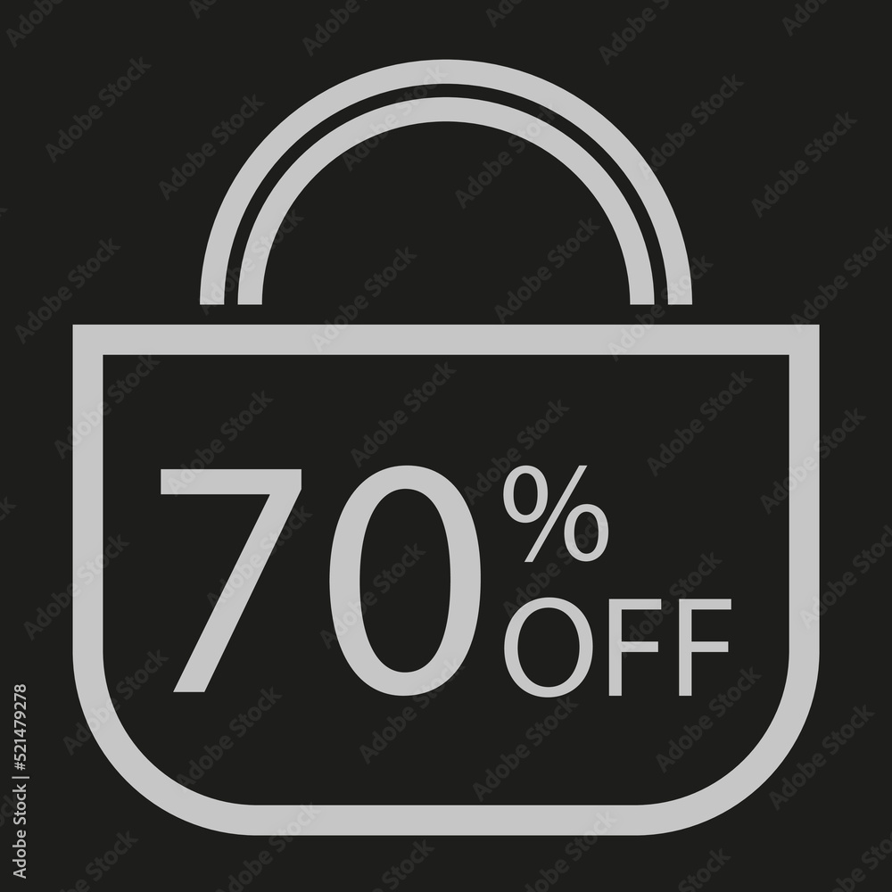 70 percent off. Black banner with shopping bag illustration 70 percent off. Black banner with shopping bag illustration