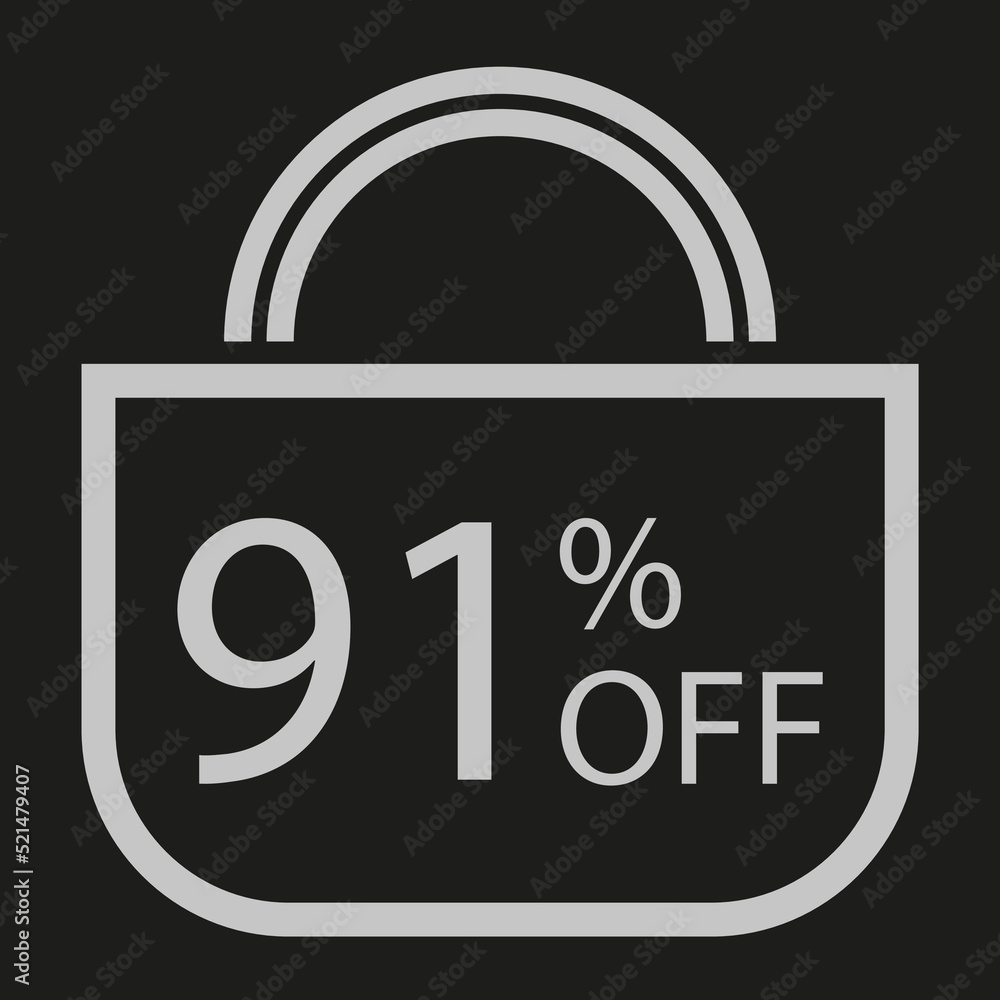 91 percent off. Black banner with shopping bag illustration 91 percent off. Black banner with shopping bag illustration