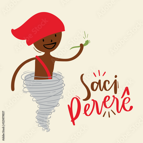 Saci Pererê. Fantastic Creature of Brazilian Folklore. Brazilian Portuguese Hand Lettering Calligraphy. Vector. Brazilian legends and tales.