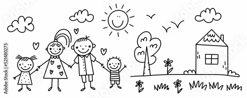 Children's drawing family. Illustration in the style of happy family doodles.