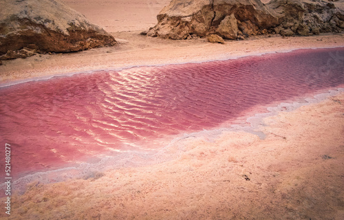 Pink Water in the desert of Tunisia.
The pink color is due to the high concetration of salt in the water. photo