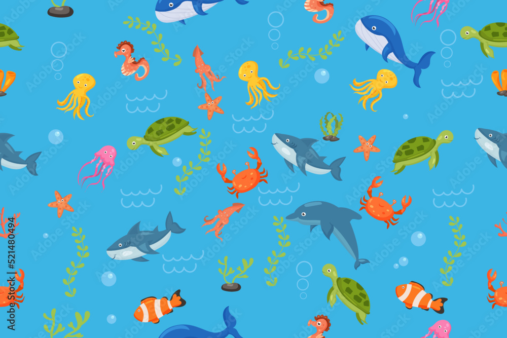 Fish and wild marine animals pattern. Seamless background with cute marine fishes, smiling shark characters and sea underwater world vector nautical wallpaper