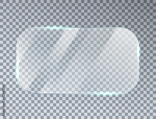 Glass window texture. Bright screen mockup. Glossy mirror panel. Plastic plate. Digital frame. Clear button. Square tag and badge. Shiny framework. Light rectangle banner. Vector illustration