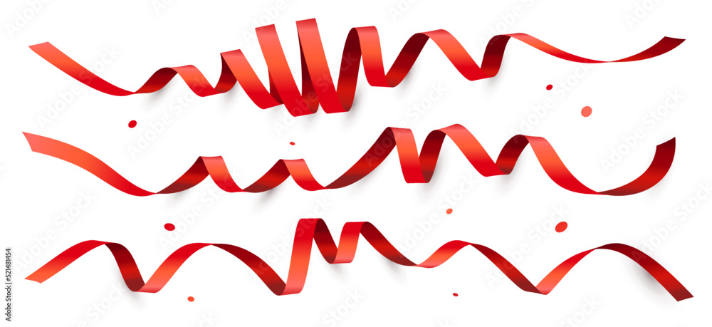 Vector holiday illustration of set of curled red ribbon with shadow on ...
