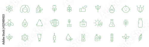 Natural, organic cosmetic line icons. Vegan food. Skincare pictogram. Product free allergen label. GMO free emblem. Biodegradable sticker. Healthy eating. Handmade ecology symbol. Vector illustration