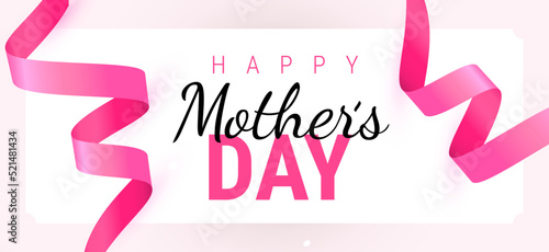 Vector holiday illustration with pink curled ribbon and text happy Mother's day. Romantic template design with text and confetti for Mother's day greeting card