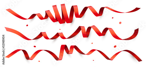 Vector holiday illustration of set of curled red ribbon with shadow on white color background. Creative realistic style design of curled red ribbon with confetti