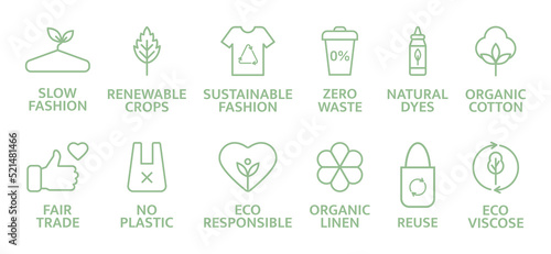 Sustainable clothes line icon set. Eco viscose product logo. Slow fashion badge. Organic cotton, natural dyes, renewable crop label. Fair trade. Conscious development. Zero waste. Vector illustration