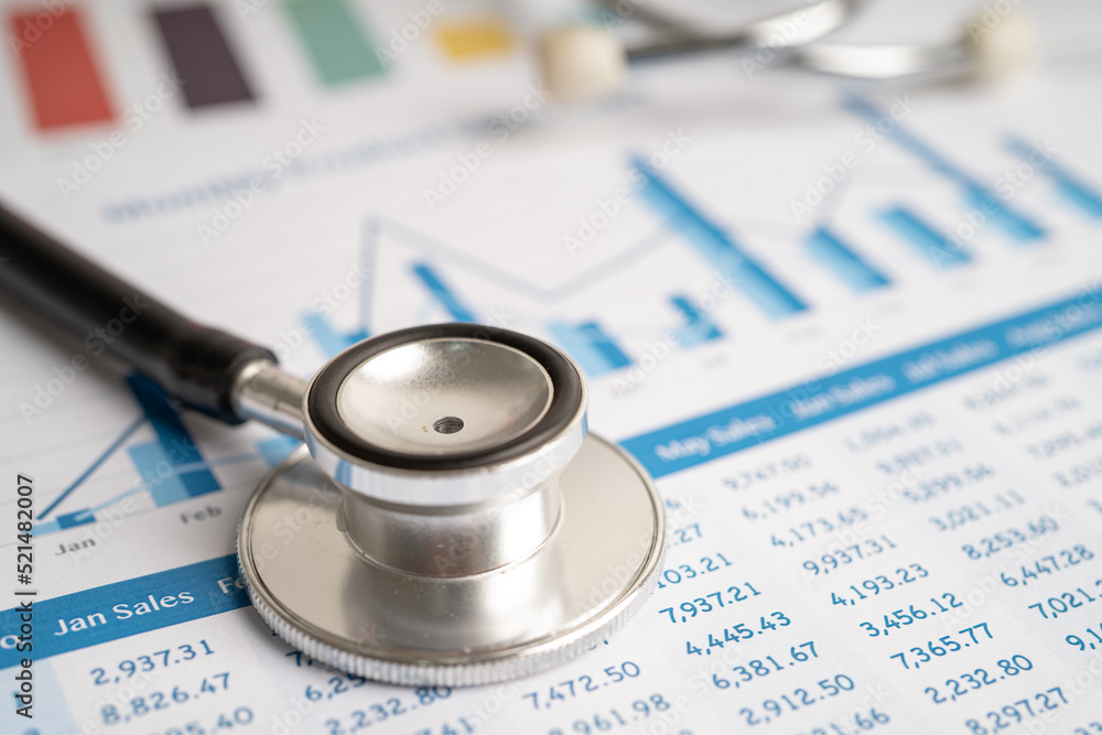 Stethoscope on chart and graph paper, Finance, Account, Statistics, Investment, Analytic research data economy and Business company concept. Stethoscope on chart and graph paper, Finance, Account, Statistics, Investment, Analytic research data economy and Business company concept.