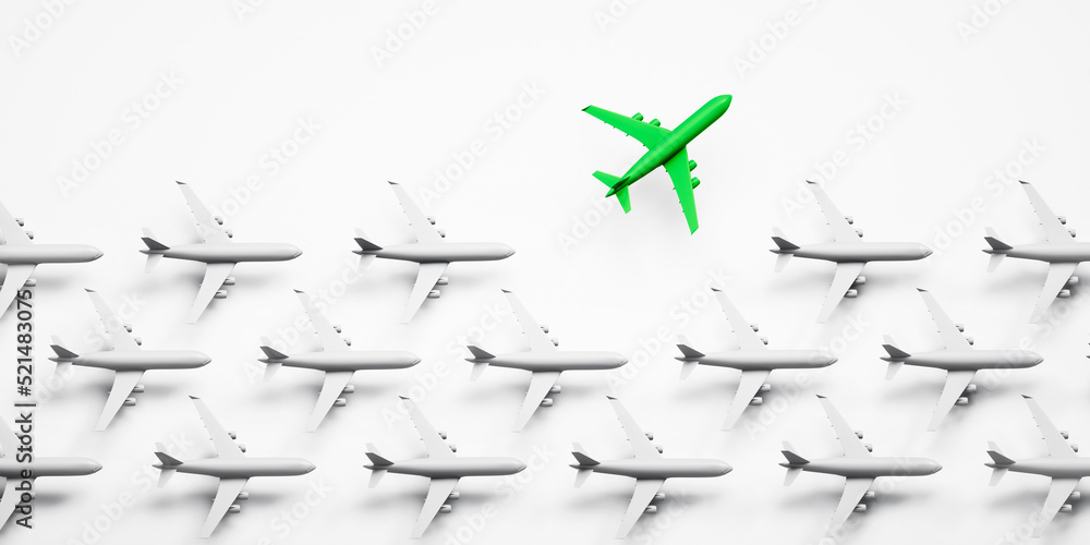Obraz premium Group of white airplanes with green leader on white background - green energy travel concept - 3D illustration