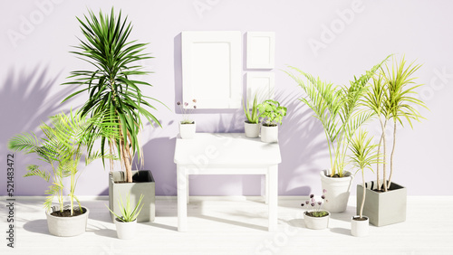 interior mockup picture frames on the lavander wall background, house plants and white table,minimalism