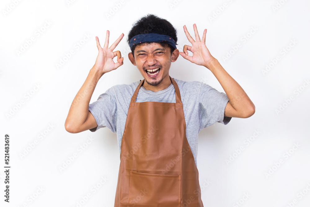 funny apron man smiling happy with ok sign gesture tumb up isolated on white background
funny apron man smiling happy with ok sign gesture tumb up isolated on white background