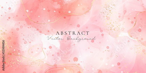 Rose pink liquid watercolor background with golden dots. Dusty blush marble alcohol ink drawing effect. Vector illustration design template for wedding invitation, menu, rsvp