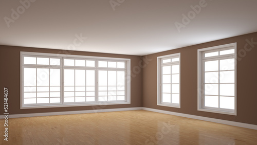 Empty Corner of the Room with Brown Walls, Three Windows, Light Glossy Parquet Flooring and a White Plinth. Perspective View. 3d render with a Work Path on the Windows. 8K Ultra HD, 7680x4320, 300 dpi