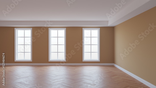 Empty Interior with Beige Walls, White Ceiling and Conrnice, Three Large Windows, Herringbone Parquet Flooring and a White Plinth. Beautiful Concept of the Room, 3D Rendering. Ultra HD 8K 7680x4320