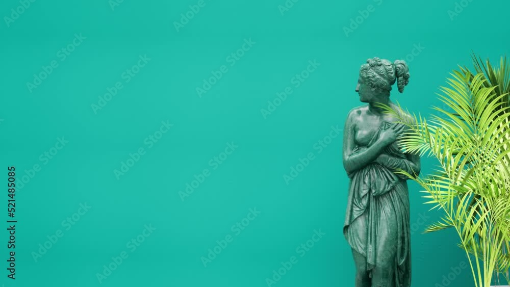 Copy space green wall background,tropical plants and antique marble Venus statue, museum interior. Zoom out Copy space green wall background,tropical plants and antique marble Venus statue, museum interior. Zoom out