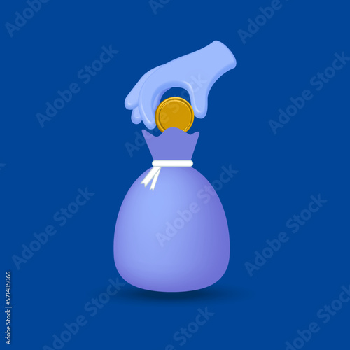 Financial independence. Cartoon hand holding a coin, coin trading,
 money accumulation. 3d illustration.