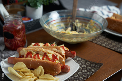 home made hot dogs with coleslaw and fries