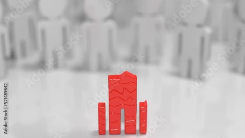 Figure red being build from ground up in fragments dropping, camera close up in front of crowd group, 3d animation
