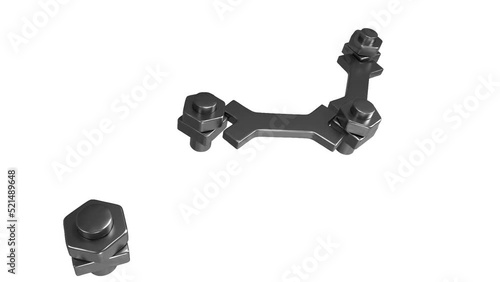 Gear bone shape links dropping in place metal mechanism part, 3d animation, over white
