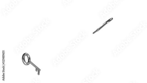 Keys metal two crossed flying off spinning around screen and returning cycle loop, 3d animation, over white

