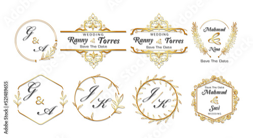 gold frame decor set, vintage calligraphy design and floral leaf with surround shape, invitation template, wedding, greeting card, etc.