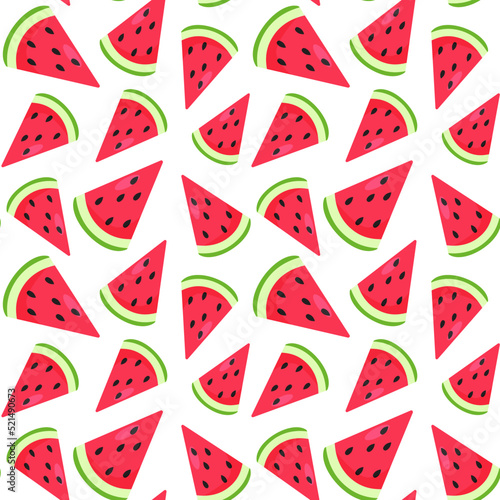 Funny seamless pattern with colorful watermelon pieces. Red, pink and green colors. Positive summer mood. Endless design. Print for textile, clothes, gift wrap, cards, design and decor. 