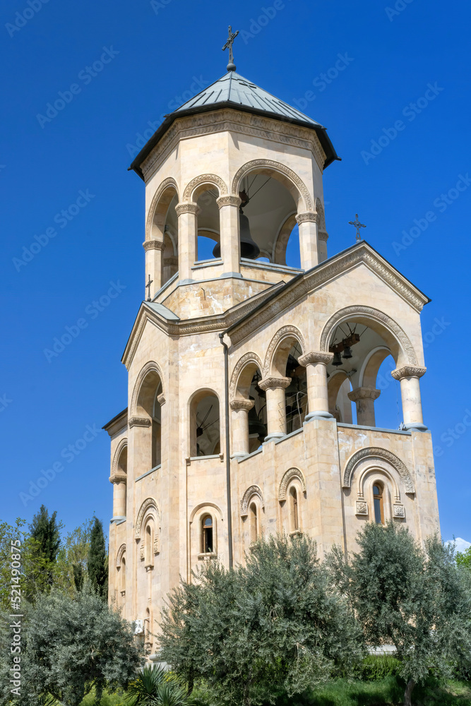 The bell tower of the Holy Trinity Cathedral (eastern façade) in Tbilisi, Georgia