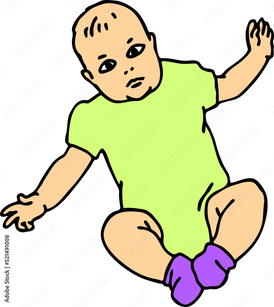 Baby laying, moving arms and legs. Nice dressed little child. New family member. Hand drawn illustration for event celebration design, postcard, invitation or poster. Cartoon character vector drawing. Baby laying, moving arms and legs. Nice dressed little child. New family member. Hand drawn illustration for event celebration design, postcard, invitation or poster. Cartoon character vector drawing.