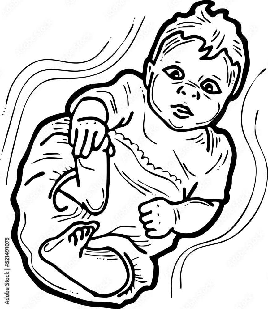 Fototapeta premium Baby laying, moving arms and legs. Nice dressed little child. New family member. Hand drawn illustration for event celebration design, postcard, invitation or poster. Cartoon character vector drawing.