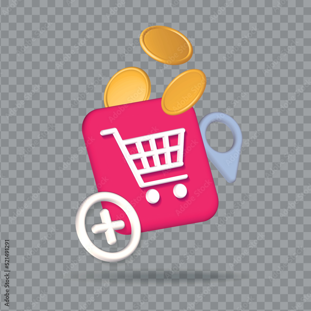 Online shopping elemenst for 3d realistic banner with shopping cart button, coins, geotag and add icon. Vector render illustration Online shopping elemenst for 3d realistic banner with shopping cart button, coins, geotag and add icon. Vector render illustration