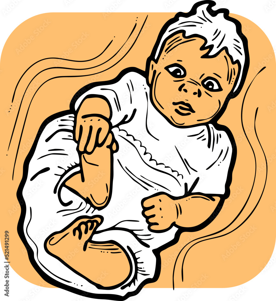 Baby laying, moving arms and legs. Nice dressed little child. New family member. Hand drawn illustration for event celebration design, postcard, invitation or poster. Cartoon character vector drawing. Baby laying, moving arms and legs. Nice dressed little child. New family member. Hand drawn illustration for event celebration design, postcard, invitation or poster. Cartoon character vector drawing.
