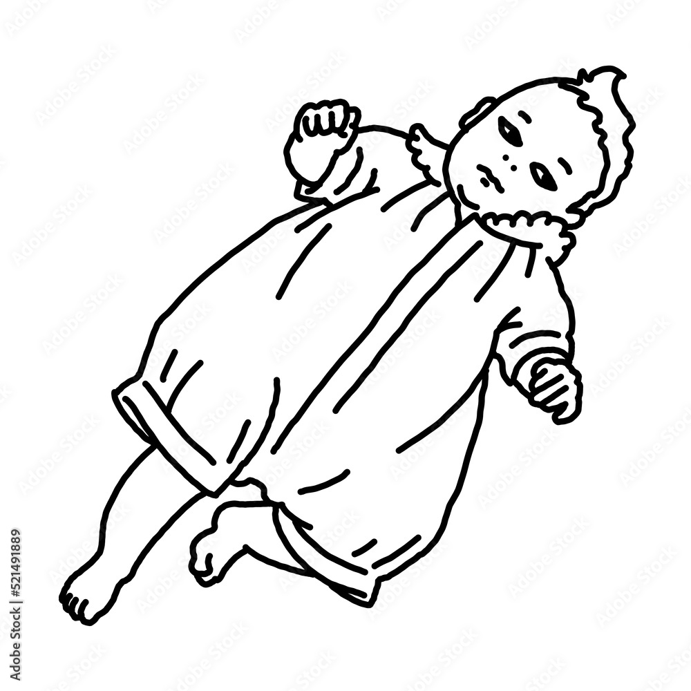 Fototapeta premium Baby laying, moving arms and legs. Nice dressed little child. New family member. Hand drawn illustration for event celebration design, postcard, invitation or poster. Cartoon style character drawing.