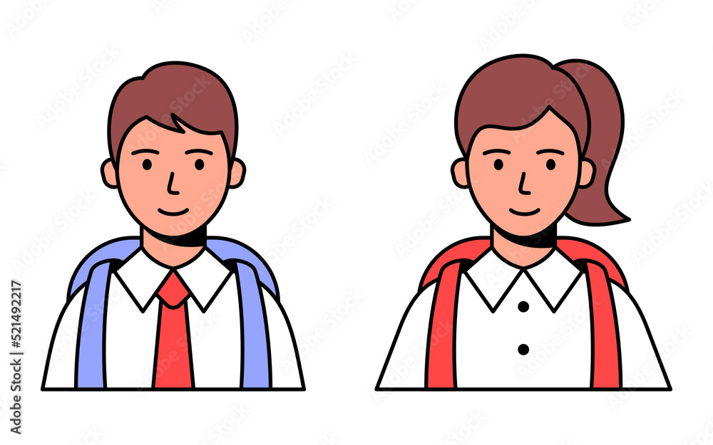 A set of icons elementary school students. Avatar of a schoolboy girl and schoolboy with a backpack. Vector modern flat illustration A set of icons elementary school students. Avatar of a schoolboy girl and schoolboy with a backpack. Vector modern flat illustration