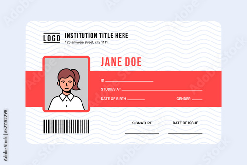 Student id card for female. University, school, college identity card with avatar. Vector modern illustration.