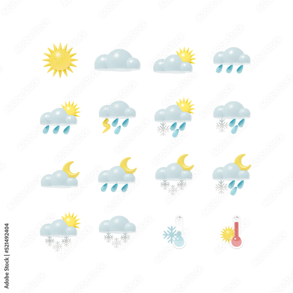Vector 3D realistic icon set for weather forecast. Render of the illustration with meteorology signs. Three-dimensional solid sun, clouds, rain, snow and thermometers