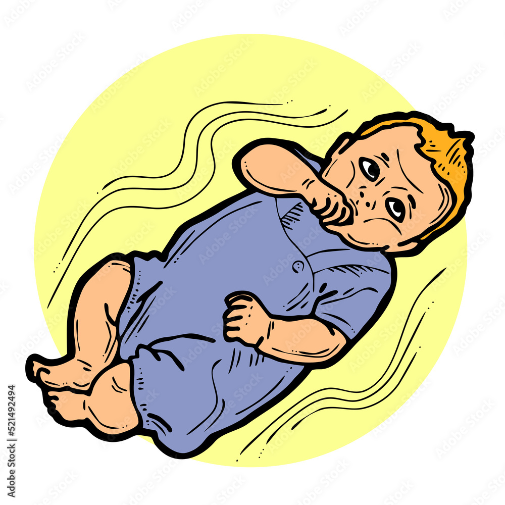 Baby laying, moving arms and legs. Nice dressed little child. New family member. Hand drawn illustration for event celebration design, postcard, invitation or poster. Cartoon style character drawing. Baby laying, moving arms and legs. Nice dressed little child. New family member. Hand drawn illustration for event celebration design, postcard, invitation or poster. Cartoon style character drawing.