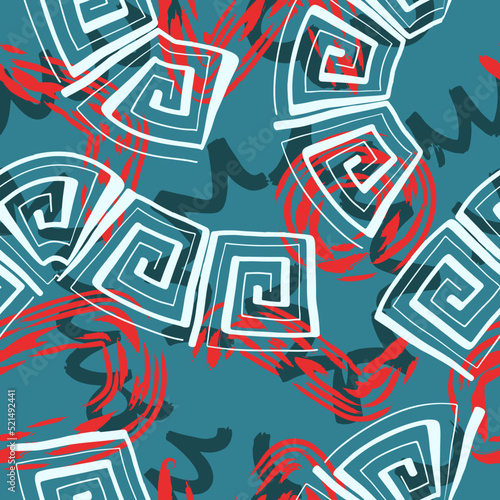vector rough spiral square and freeform lines brush stroke overlapped seamless pattern on blue green