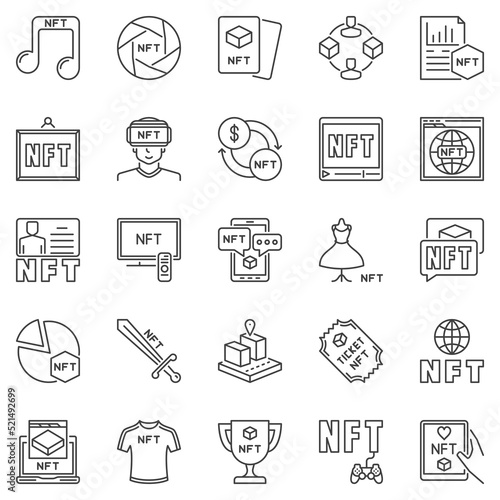 NFT Technology Types outline icons set. Non-Fungible Token vector symbols