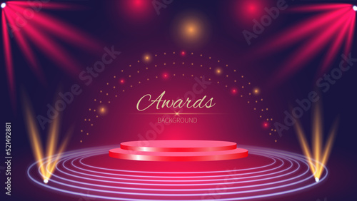 Golden Blue  red Background Of The Award. Decorative invitation to the Anniversary party. A stage platform with a spotlight. Wedding Entertainment Hollywood Bollywood Night. Luxury Staircase Floor.
