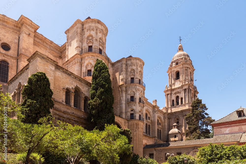 View of the facade of the Malaga Cathedral or Santa Iglesia Catedral Basílica de la Encarnación.