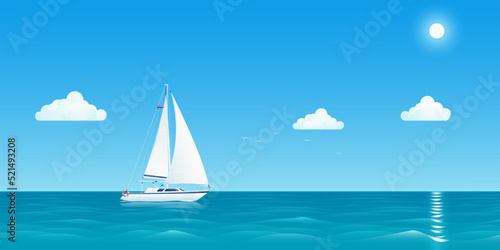 Sailboat at sea. White sailboat. Sea travel by sailboat. Seascape