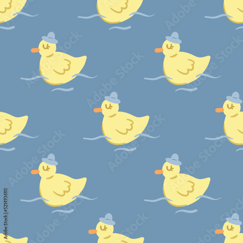 Vector seamless pattern with cute yellow ducks swimming in a lake or river. Print for textile, nursery, wrapping paper, wallpaper