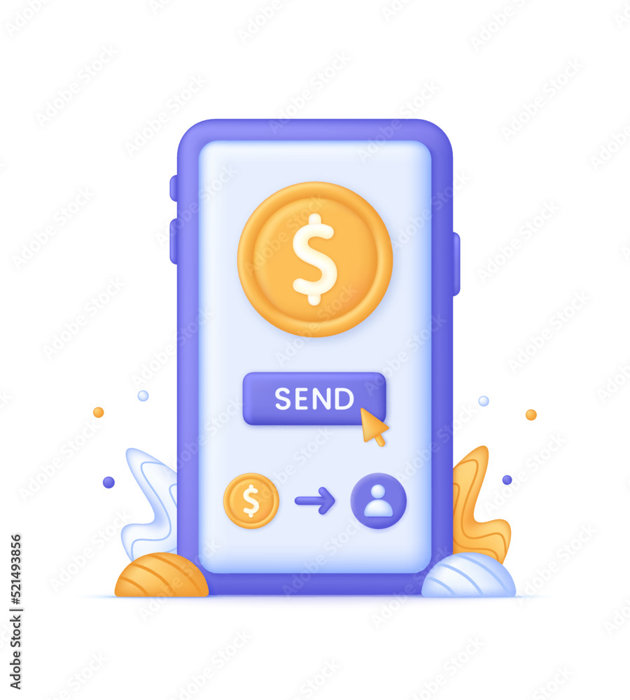 Fototapeta premium 3D Money transfer illustration. Online payment. Application for online transactions. Concept of money transfer, and banking.